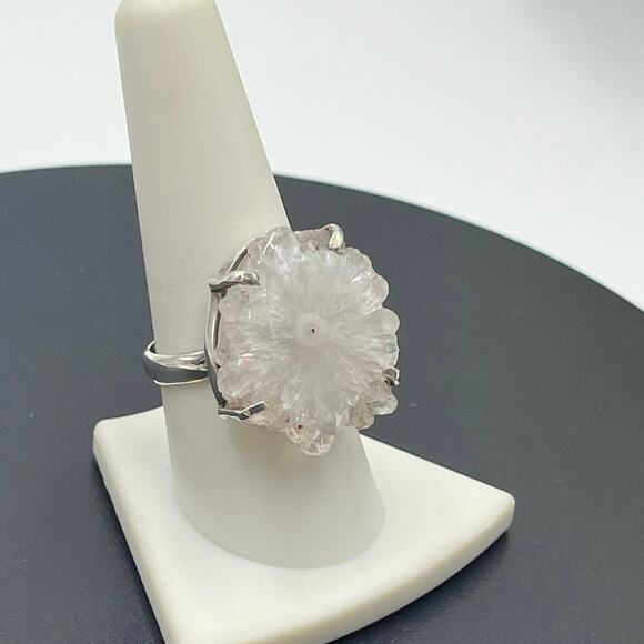 Natural Raw Rose Quartz Stalactites Slice 925 Prong Sterling Silver Ring 9.25 - Picture 1 of 11